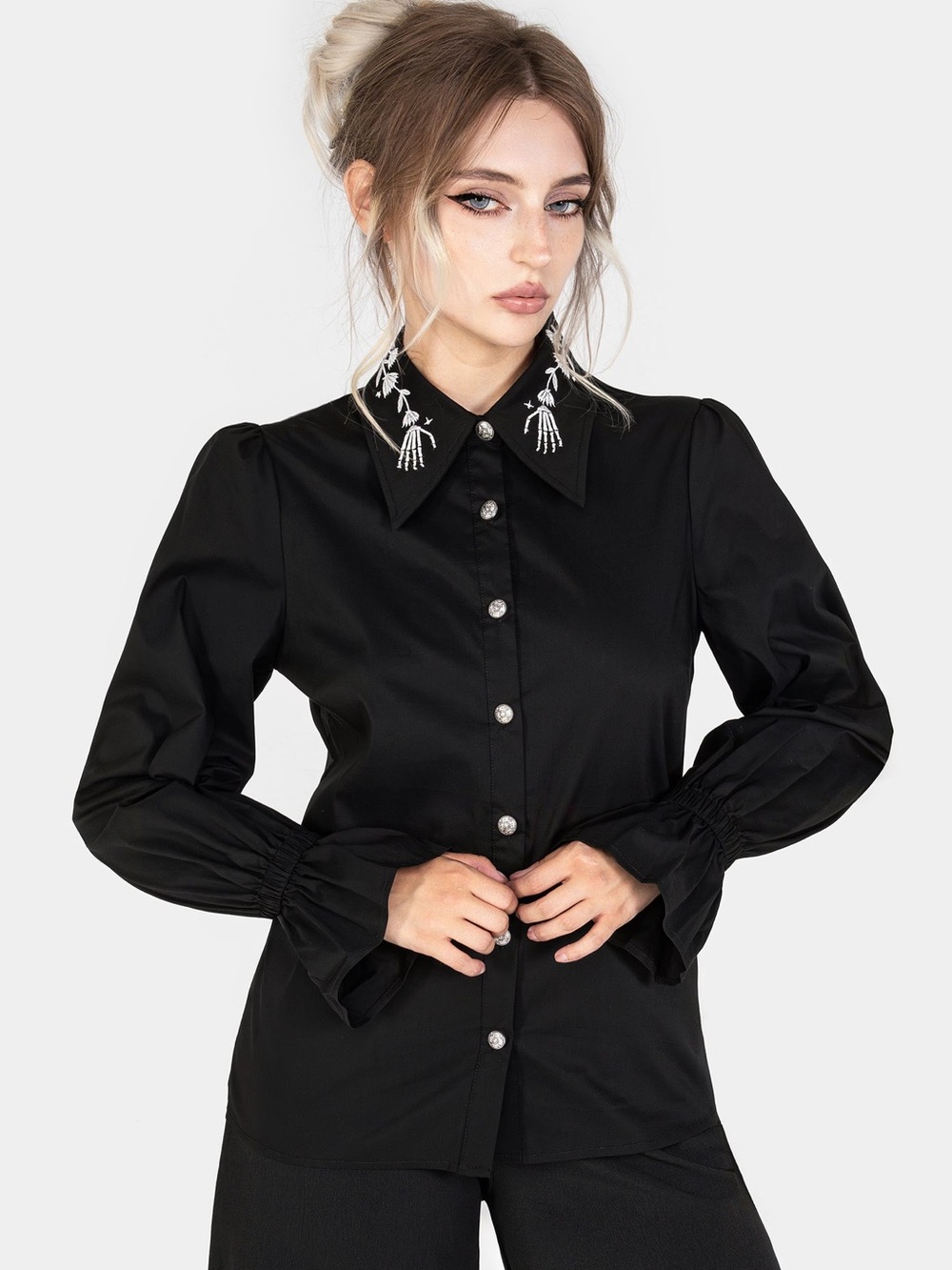 Disturbia Tempora Embroidered Button Up Shirt in Black US 4 / UK 8 - Picture 2 of 12